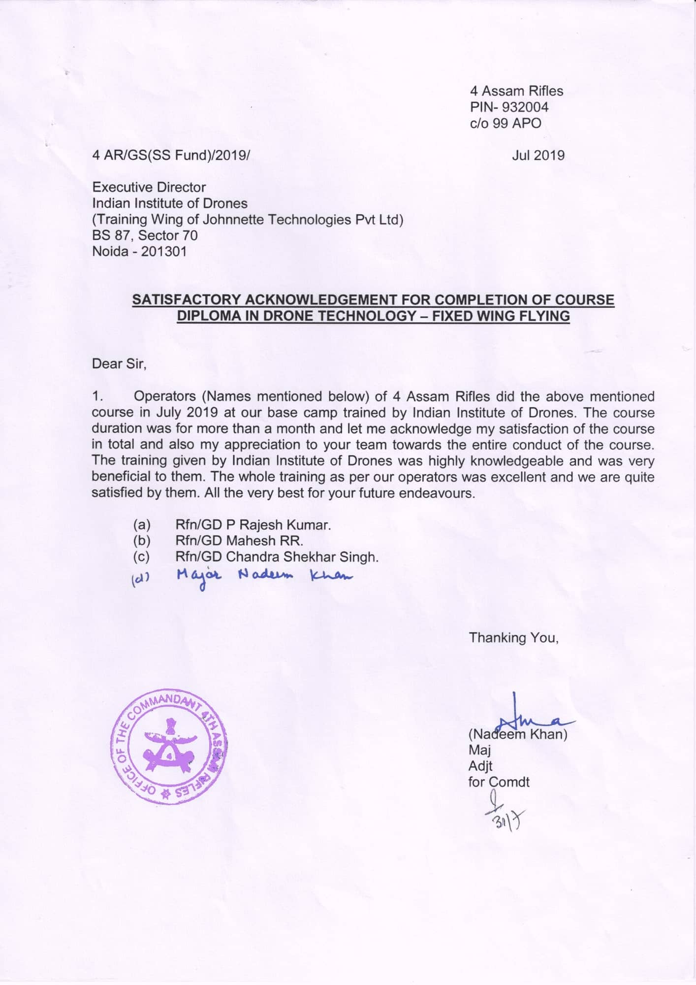 Satisfactory Letter for Drone Training Received from Assam Rifles
